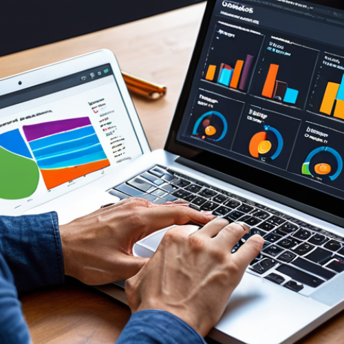 **A digital marketer analyzing website data on a laptop, surrounded by SEO tools dashboards. Focus on the screen displaying keywords and website analytics.**