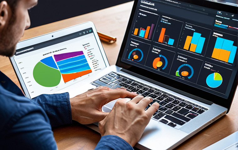 **A digital marketer analyzing website data on a laptop, surrounded by SEO tools dashboards. Focus on the screen displaying keywords and website analytics.**