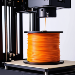 **FDM 3D Printer Creating a Prototype:** "Close-up of an FDM 3D printer in operation, creating a prototype. Focus on the layering process and the filament spool, showcasing the accessibility and low-cost nature of FDM printing."