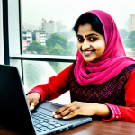 **

"A vibrant photograph of a smiling Bangladeshi businesswoman, fully clothed in a modest salwar kameez, working on a laptop in a modern Dhaka office. The background shows a bustling city scene through the window. Safe for work, appropriate content, professional, perfect anatomy, natural pose, well-formed hands, proper finger count, high quality."

**
