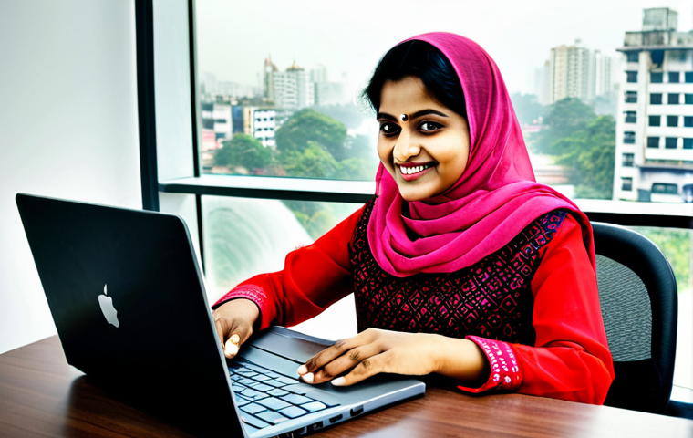 **

"A vibrant photograph of a smiling Bangladeshi businesswoman, fully clothed in a modest salwar kameez, working on a laptop in a modern Dhaka office. The background shows a bustling city scene through the window. Safe for work, appropriate content, professional, perfect anatomy, natural pose, well-formed hands, proper finger count, high quality."

**