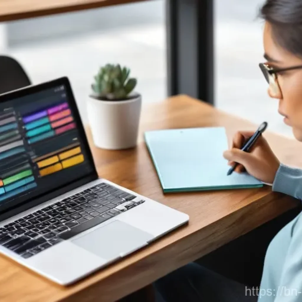 디지털 노트 활용법 - **Prompt:** A young adult, male or female, around 25-30 years old, sitting comfortably at a modern, ...