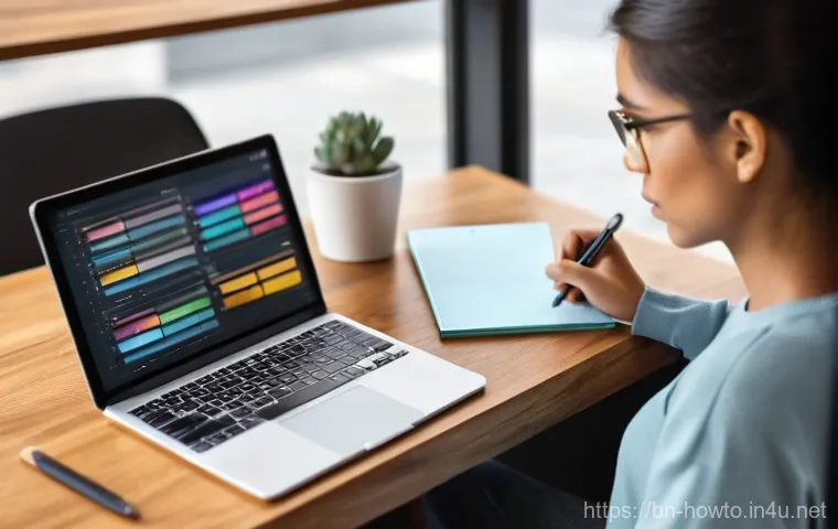 디지털 노트 활용법 - **Prompt:** A young adult, male or female, around 25-30 years old, sitting comfortably at a modern, ...