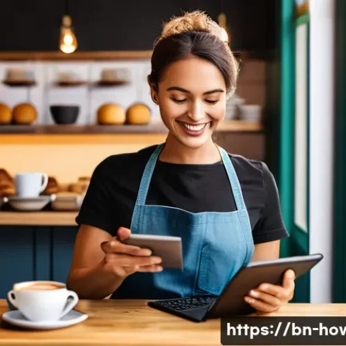 중소기업 마케팅 활용법 - **Prompt:** A vibrant, bustling image of a modern small café owner, a woman in her late 20s to early...