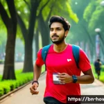 디지털 운동 트래킹 활용법 - A vibrant and detailed lifestyle scene featuring a young Bengali man wearing casual sportswear and a...