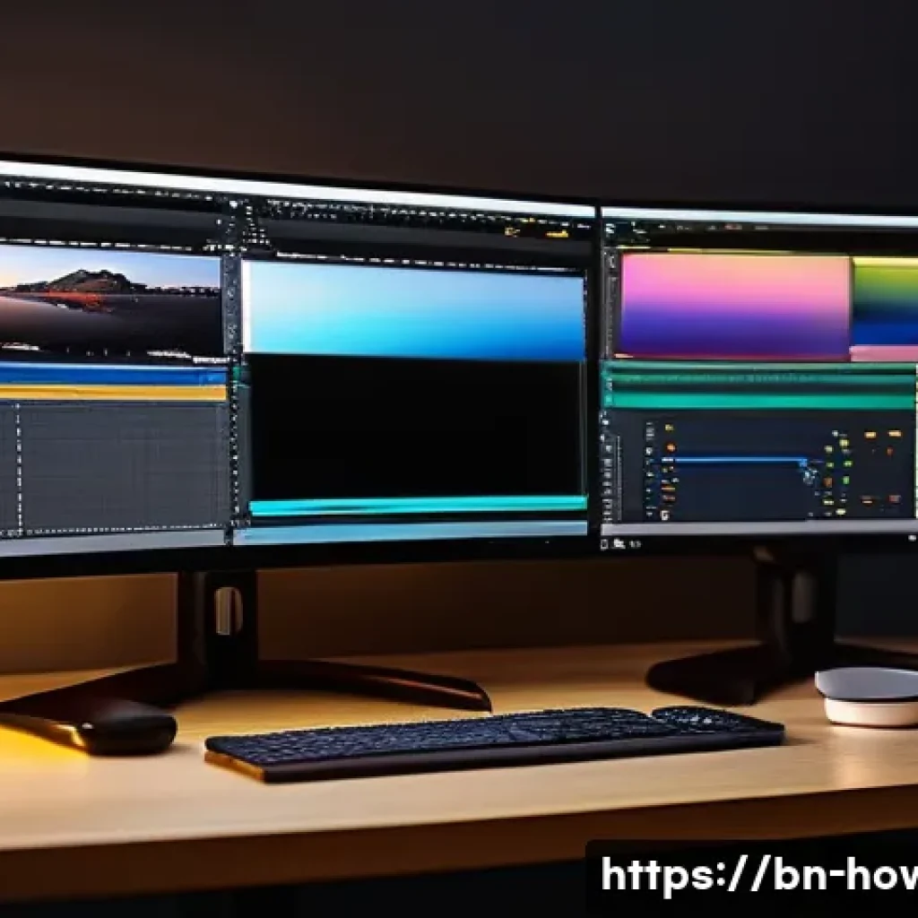 영상 편집 소프트웨어 활용법 - A detailed and vibrant digital workspace scene showing a Bengali video editor’s desk with dual monit...