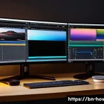 영상 편집 소프트웨어 활용법 - A detailed and vibrant digital workspace scene showing a Bengali video editor’s desk with dual monit...