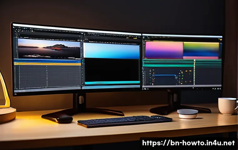영상 편집 소프트웨어 활용법 - A detailed and vibrant digital workspace scene showing a Bengali video editor’s desk with dual monit...