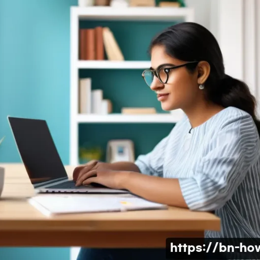 디지털 기술 활용법 - A young Bengali professional woman sitting at a modern desk in a bright, cozy home office, practicin...