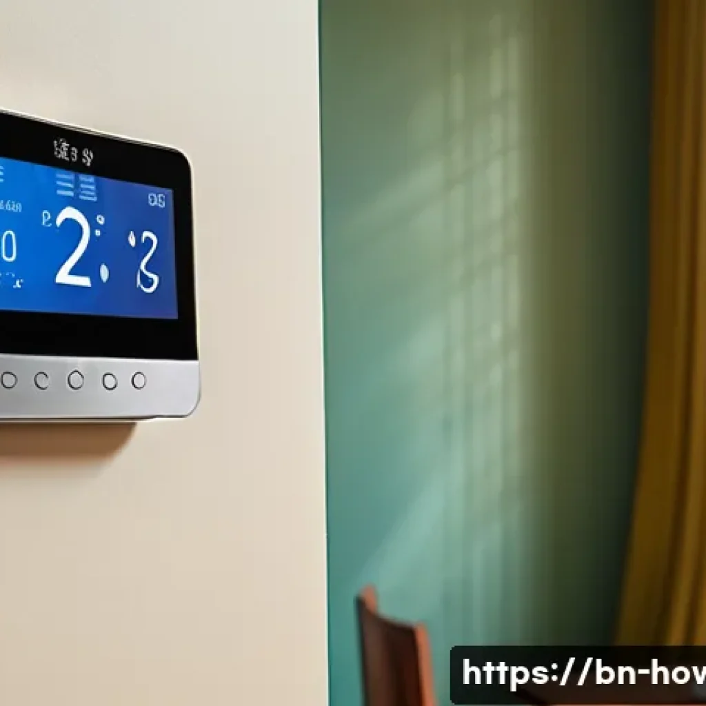 스마트홈 온도 조절 시스템 활용법 - A modern smart thermostat mounted on a clean, neutral-colored wall inside a cozy Bengali-style home,...