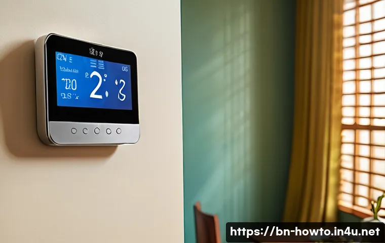 스마트홈 온도 조절 시스템 활용법 - A modern smart thermostat mounted on a clean, neutral-colored wall inside a cozy Bengali-style home,...