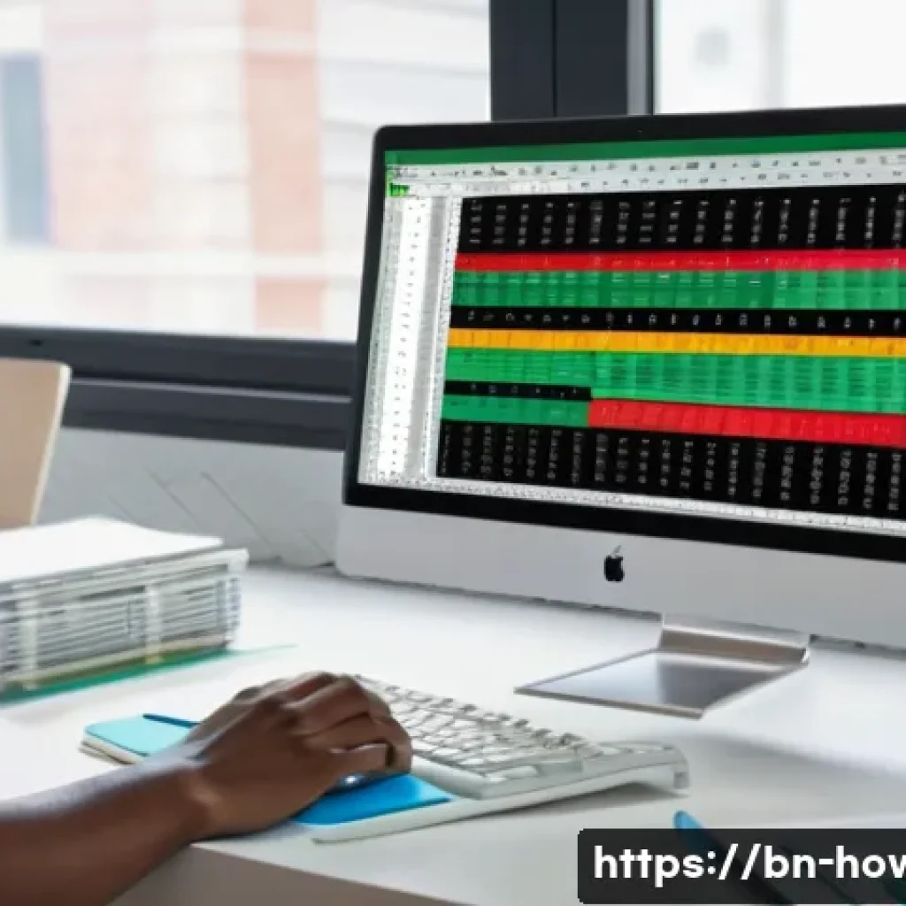 엑셀에서 데이터 정리하는 법 - A detailed, realistic office workspace scene focused on a computer monitor displaying an Excel sprea...