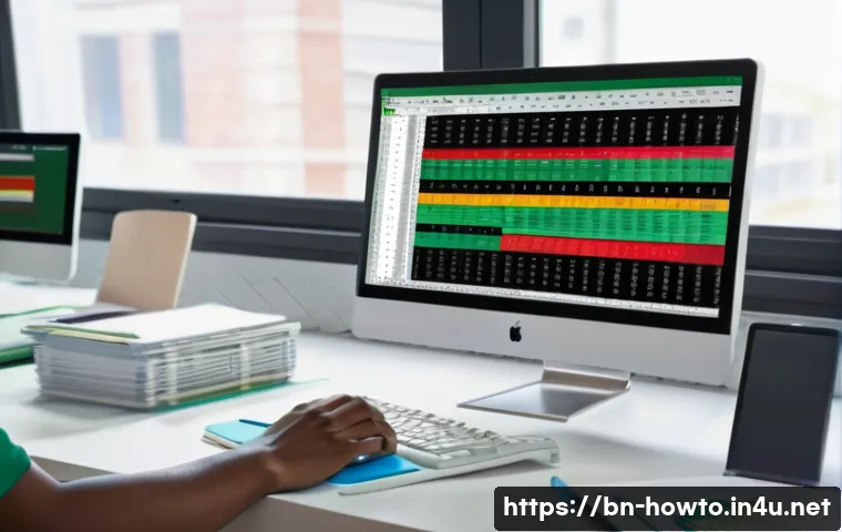 엑셀에서 데이터 정리하는 법 - A detailed, realistic office workspace scene focused on a computer monitor displaying an Excel sprea...