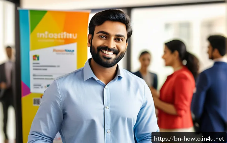 온라인 명함 활용법 - A professional Bengali man in his 30s, dressed in smart casual office attire, confidently sharing hi...