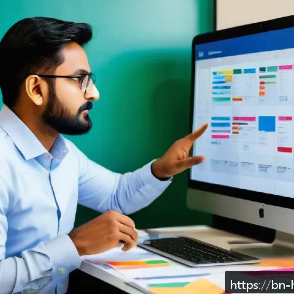 프로젝트 관리 소프트웨어 활용법 - A detailed office workspace scene featuring a Bengali project manager using a modern laptop displayi...