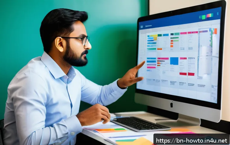 프로젝트 관리 소프트웨어 활용법 - A detailed office workspace scene featuring a Bengali project manager using a modern laptop displayi...