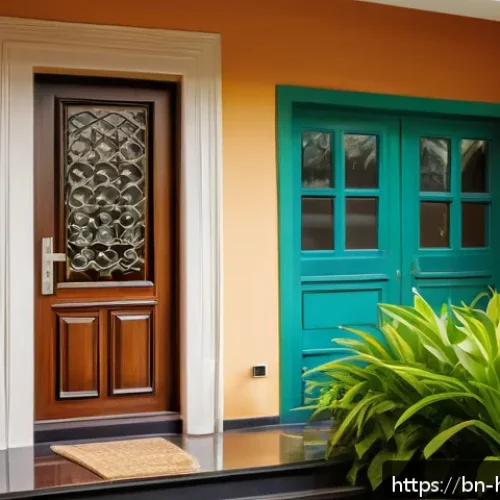 Home 17 스마트홈 보안 카메라 활용법 - A modern home entrance featuring a sleek smart security camera mounted above the main door, displayi...