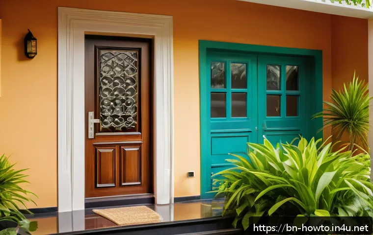 스마트홈 보안 카메라 활용법 - A modern home entrance featuring a sleek smart security camera mounted above the main door, displayi...
