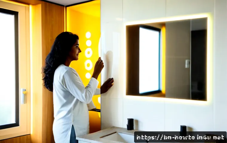 Home 30 스마트 미러 활용법 - Photorealistic modern apartment bathroom with a sleek wall-mounted smart mirror displaying only abst...